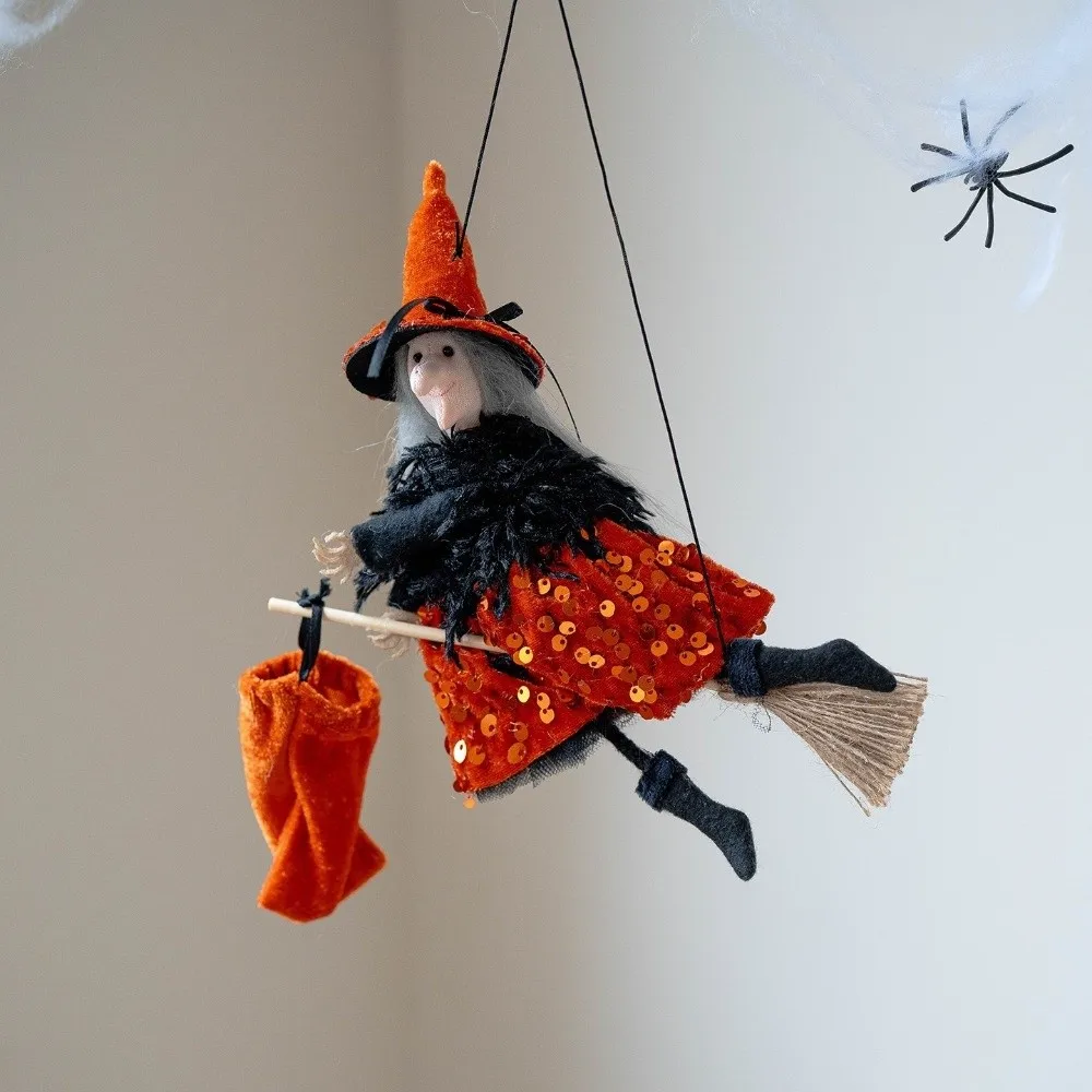 

Funny Scary Halloween Hanging Witch Gothic with Gift Bag Broomstick Girl Doll Witch Hat Ghost Witch Pendant Outdoor Decor