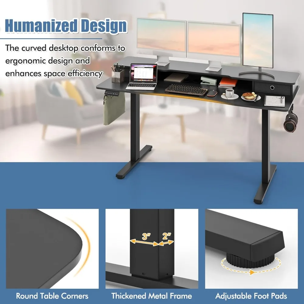 مكتب كهربائي قابل لضبط الارتفاع مع درجين، 63 بوصة × 24 بوصة، رف تخزين، 3 أوضاع للذاكرة #4