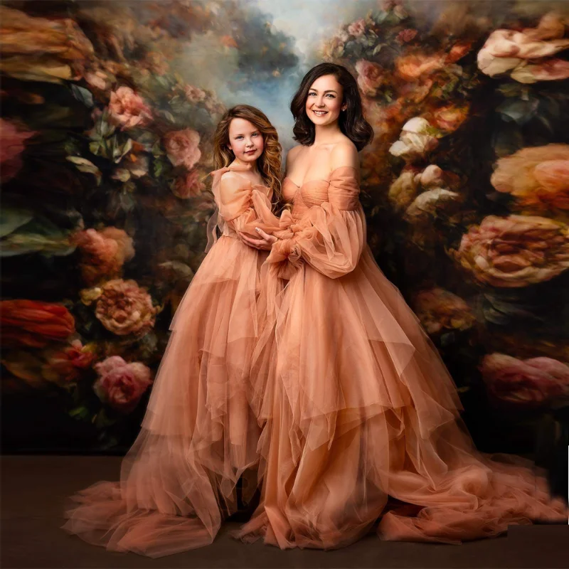 Light Orange Mom and Me Matching Dresses Birthday Dresses 2024 Family Photoshoot Mother and baby Gown