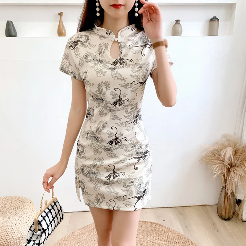 Women's Elegant Slim Cheongsam Dress Temperament Half Turtleneck Water Drop Hollow Out High Split Retro Print Mini Dress