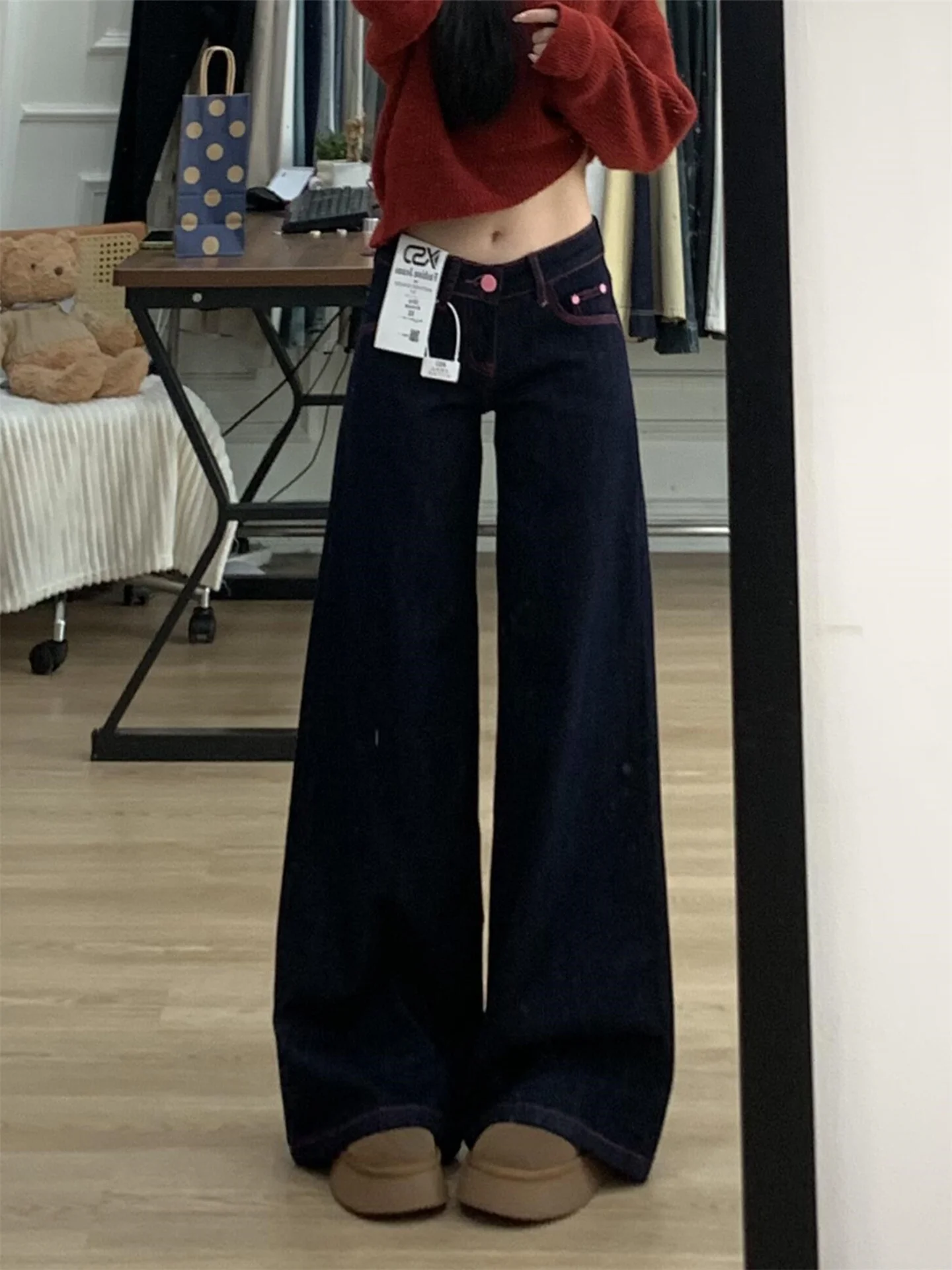 

plus Size Extended Light Red Original Denim Low Waist Wide Leg Jeans Women Loose Slimming Floor Length Casual Pants