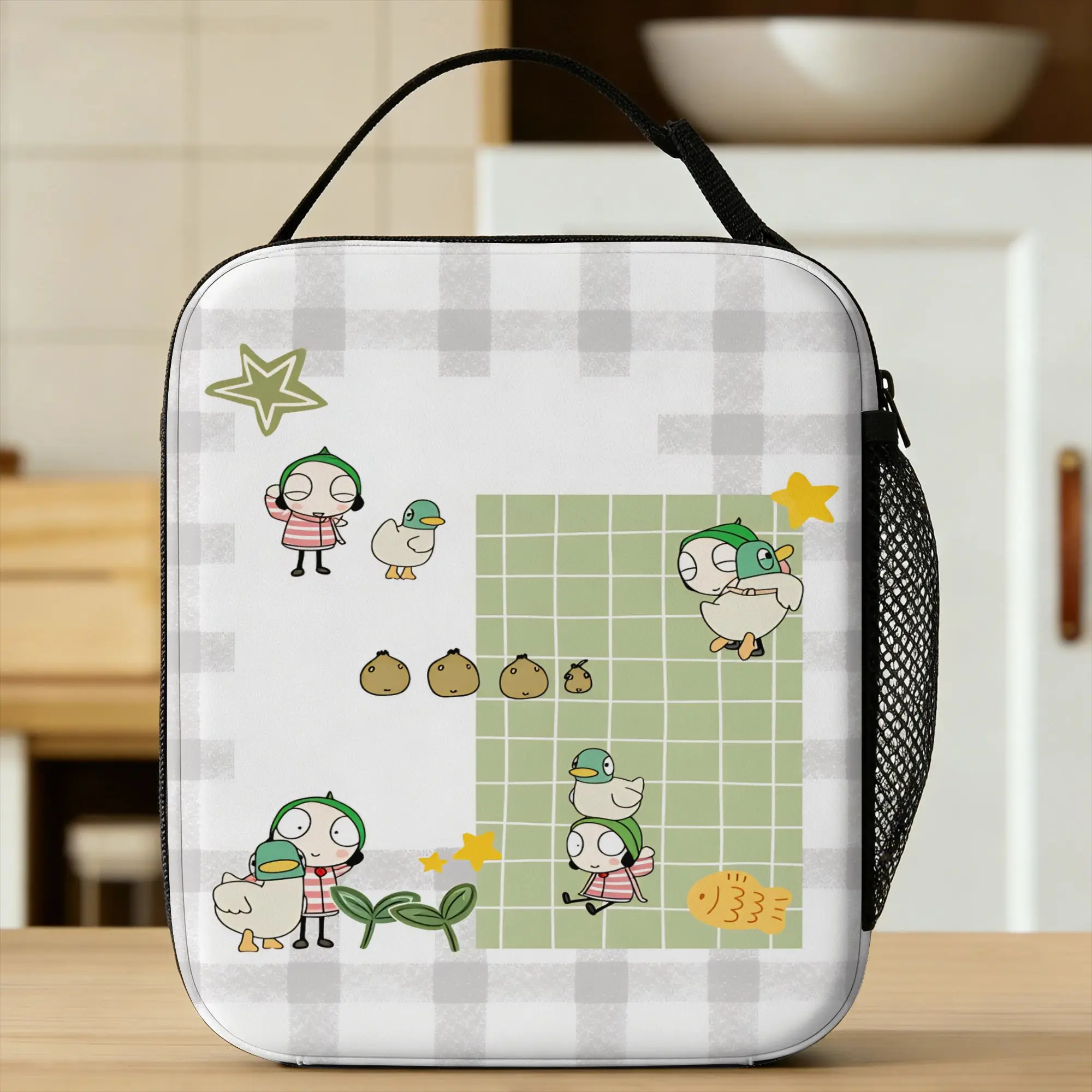 Sarah And Duck Lunch Bag  Portable Zipper Lunch Box Women Office Print Cooler Bag Casual Oxford Thermal Tote Handbags