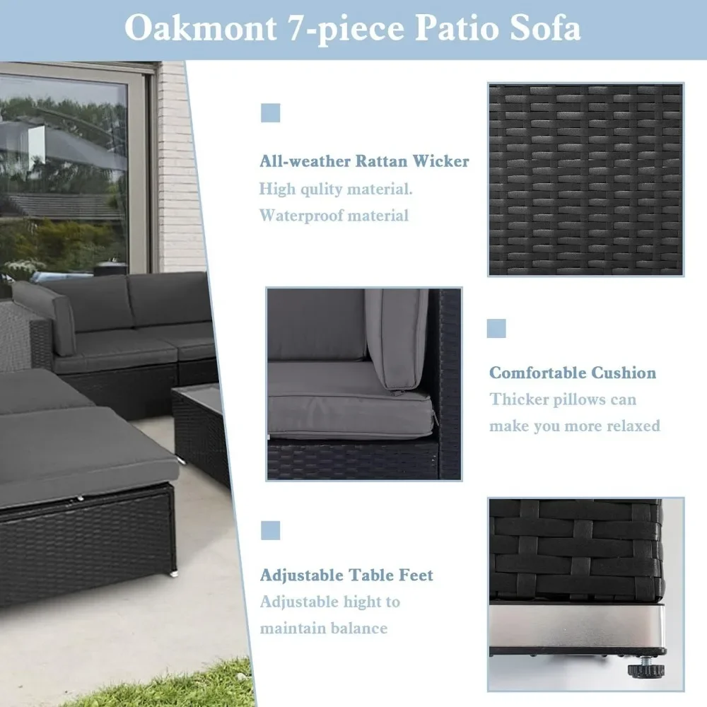 7Piece Outdoor Patio Furniture Sets, All-Weather Black Wicker Rattan Sectional Sofa, Modern Glass Coffee Table and Washable Seat