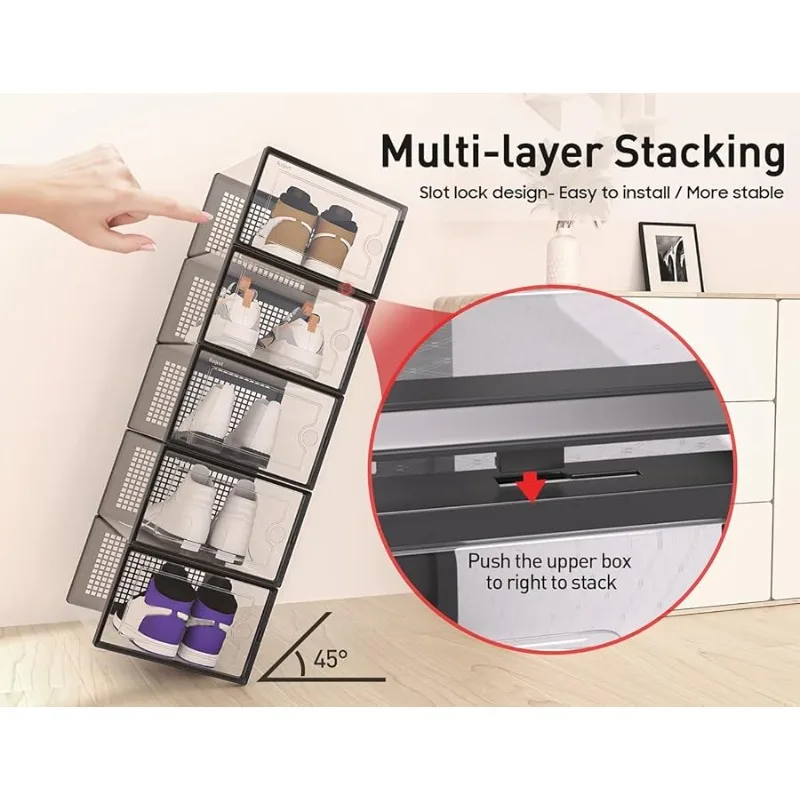 صناديق تخزين الأحذية كبيرة الحجم مقاس XX، بلاستيك شفاف قابل للتكديس، 12 عبوة، رف الأحذية وبديل الحامل، حاويات الأحذية الرياضية، لعبة S