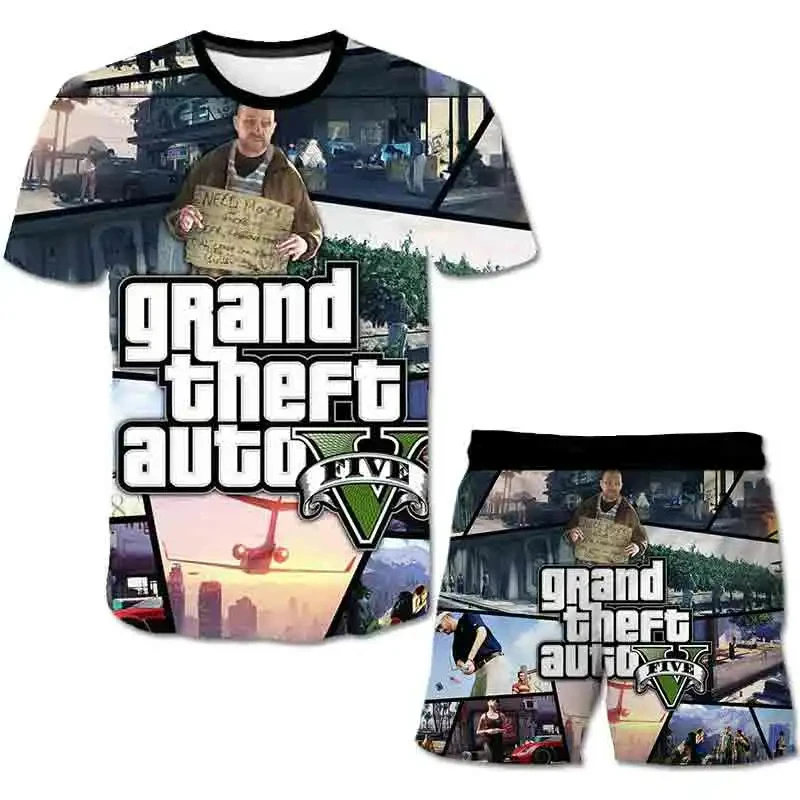 2024 New Games GTA Grand Theft Auto Vice City Men\'s Beach Shorts 2 Pcs Set 3D Print Sports Suit Summer T-shirt Shorts 2 Pcs Suit