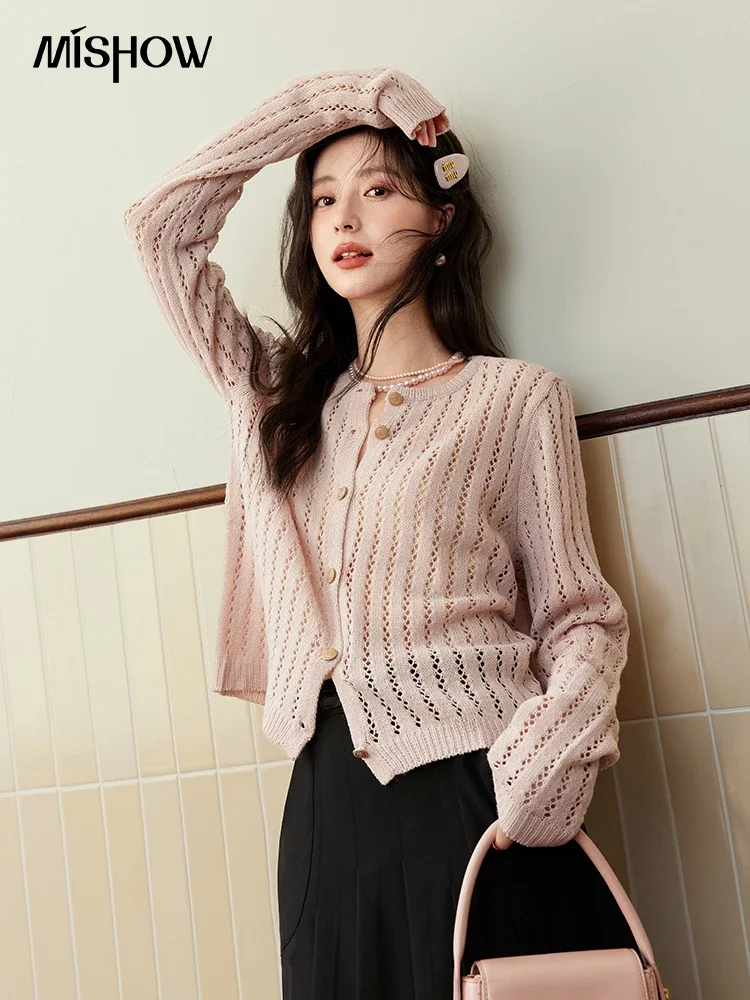 MISHOW Hollow Round Neck Knitted Cardigan for Women Autumn 2024 Slim Down Long Sleeve Short Cardigan Solid Casual Top MXD44Z0824