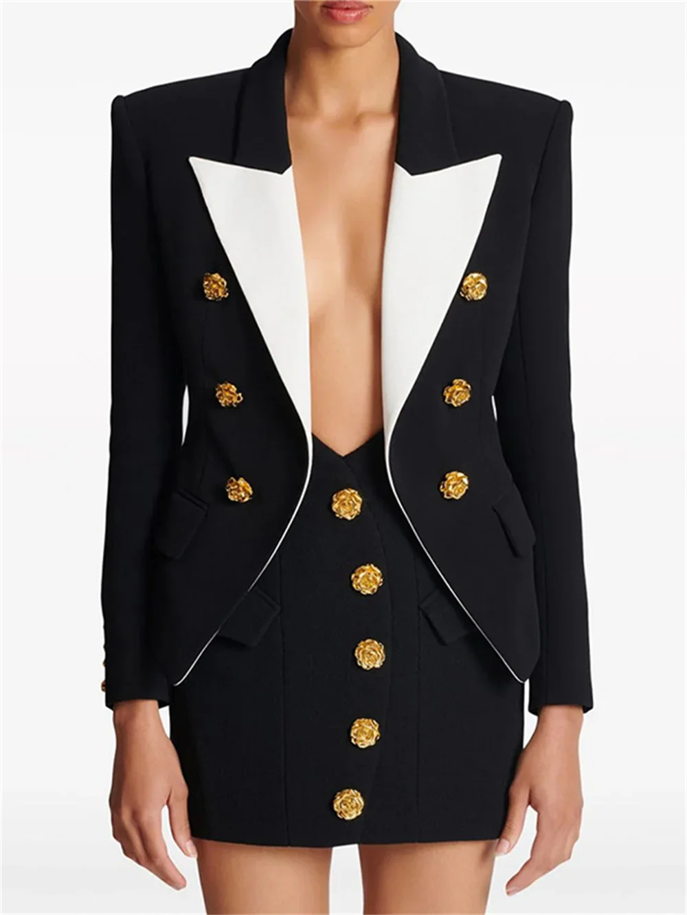 

Gold Rose Button Women 2 Piece Dress Suit Set With Long Sleeves Blazer and Matching Halter Mini Dress