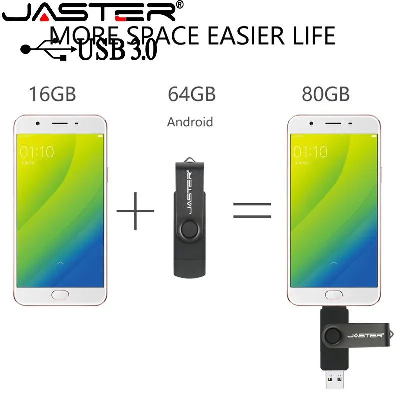 JASTER OTG 3.0 USB 플래시 드라이브, 삼성에 적합한 스마트 폰 및 컴퓨터 메모리 스틱, 64GB 32GB 16GB 128GB 무료 어댑터