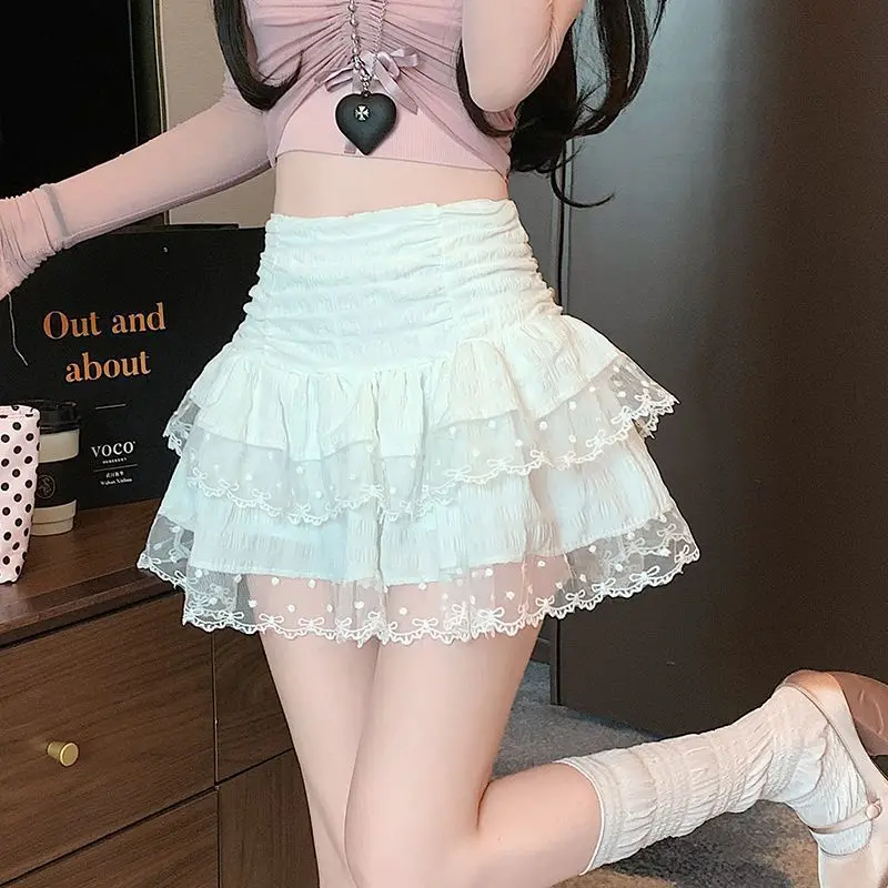 Sweet  Spring Summer New Style High Waist Lace Skirt Ballet Netting Trim Anti Walk off Shoulder Korean Style Cake Skirt