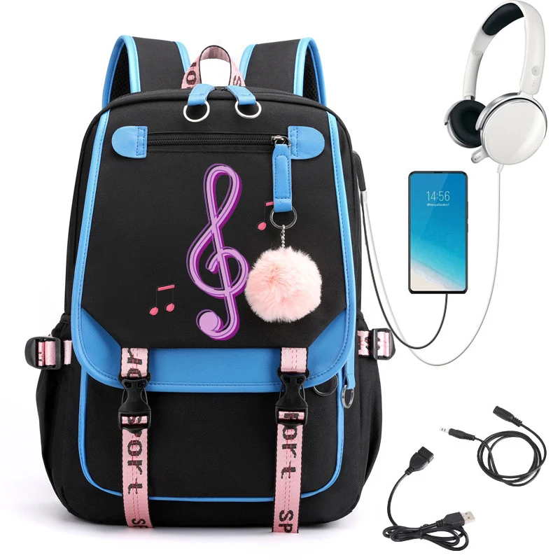 Mochilas escolares impermeáveis para meninas, Kids Schoolbags, roxo, notas de música, sacos de livros dos desenhos animados, mochila escolar infantil