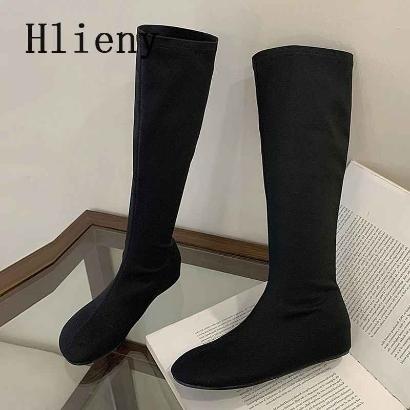 

Hlieny, осенне-зимние новые женские сапоги до колена из мягкой кожи на плоском каблуке, длинные сапоги с круглым носком, женская обувь, Zapatos De Mujer