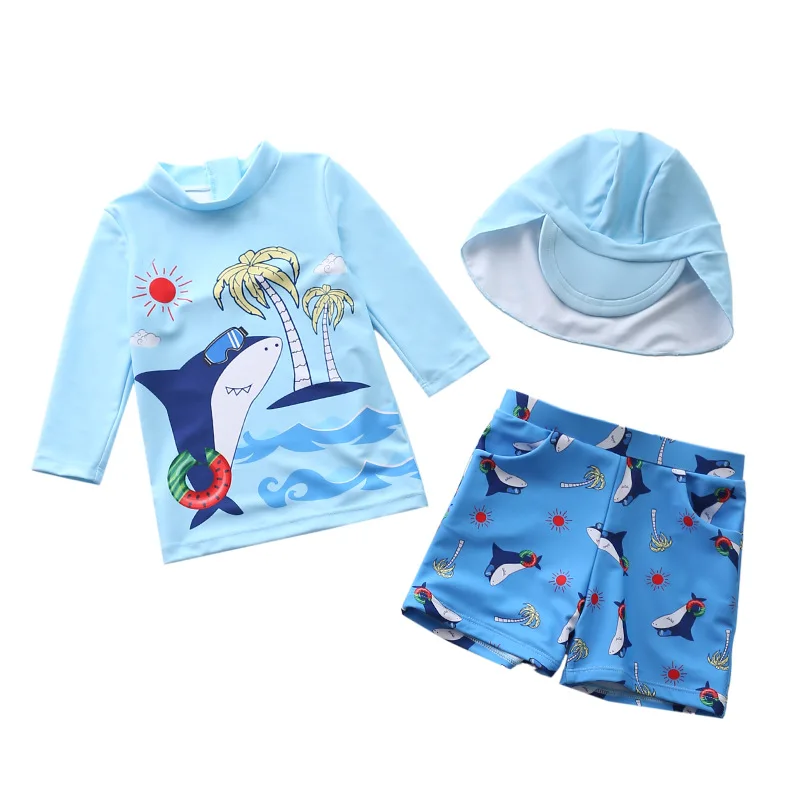 

HappyFlute 3 Pieces Set Shark Prints Split Long Sleeve Sunscreen Baby Boys Soft &Breathable Swimsuit