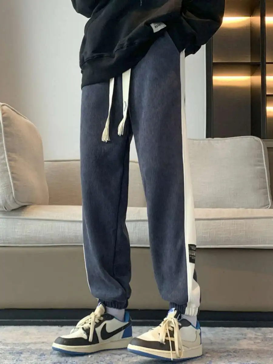 Men's High Street Cotton Fce Lined Thiened Sports Casual Pants Autumn Winter Corduroy Striped Trousers High Waist Long P...