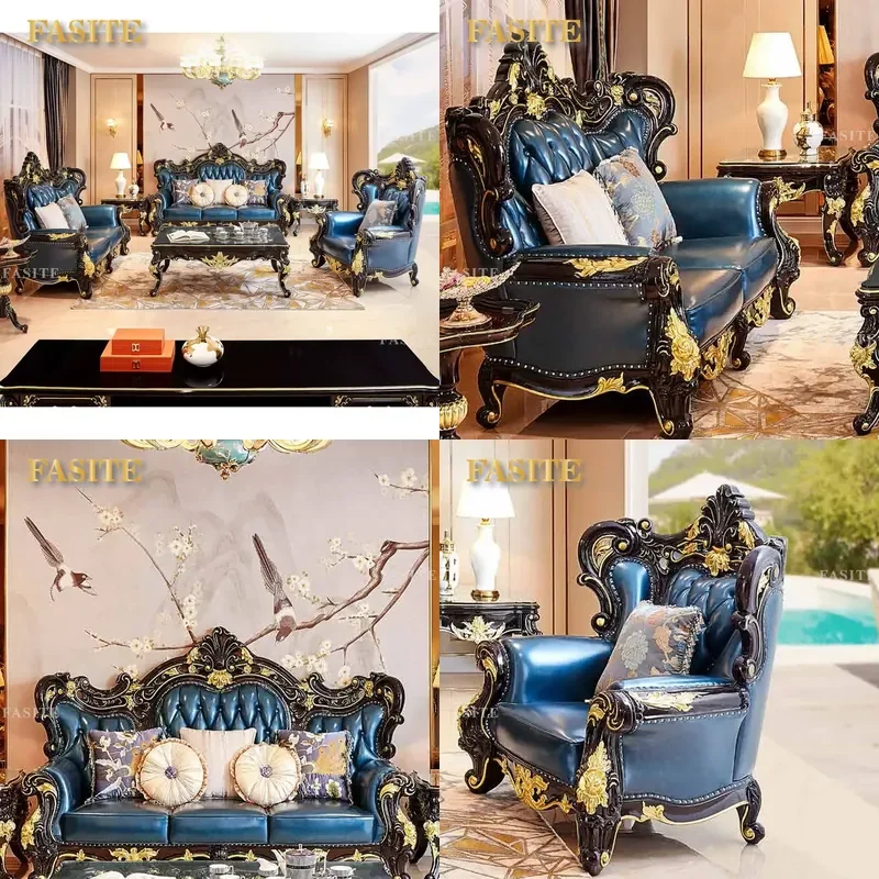 For European Luxury Carved Wooden Frame 1 2 3 Seater Home Sofa Furniture Set French Classic Royal Living Room Leather