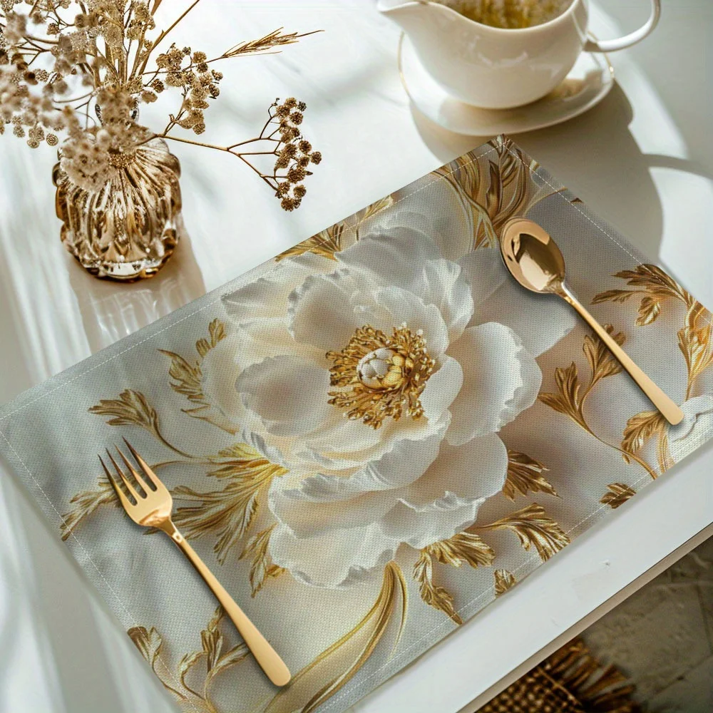 

4pcs Elegant Floral Placemats - Polyester Rectangular Table Mats, Machine Washable for Kitchen & Dining Room Decor