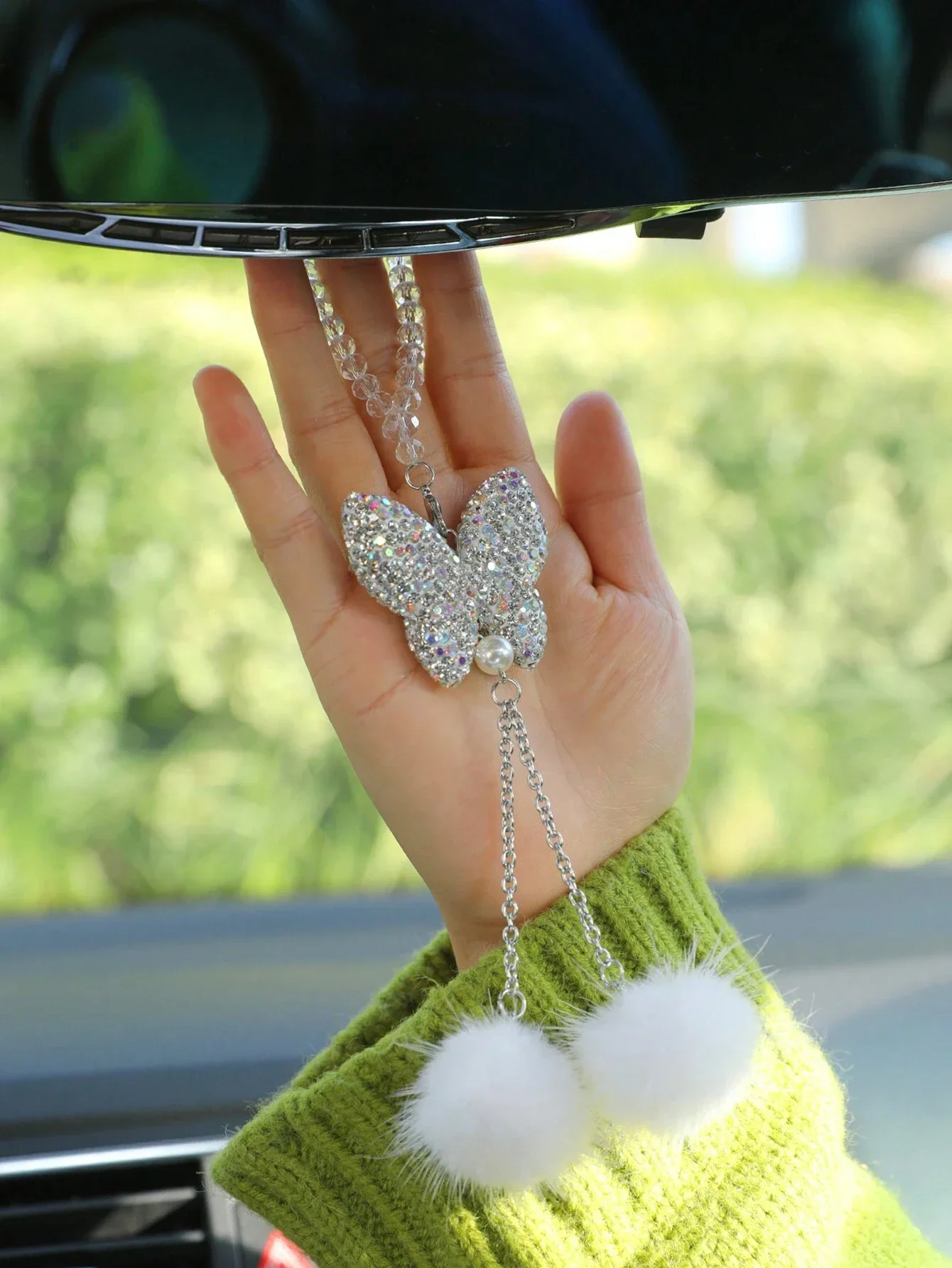 قطعة واحدة من قلادة سيارة كريستال أنيقة، زخرفة سيارة صناعية، قلادة مرآة الرؤية الخلفية للسيارة، هدية مثالية للنساء