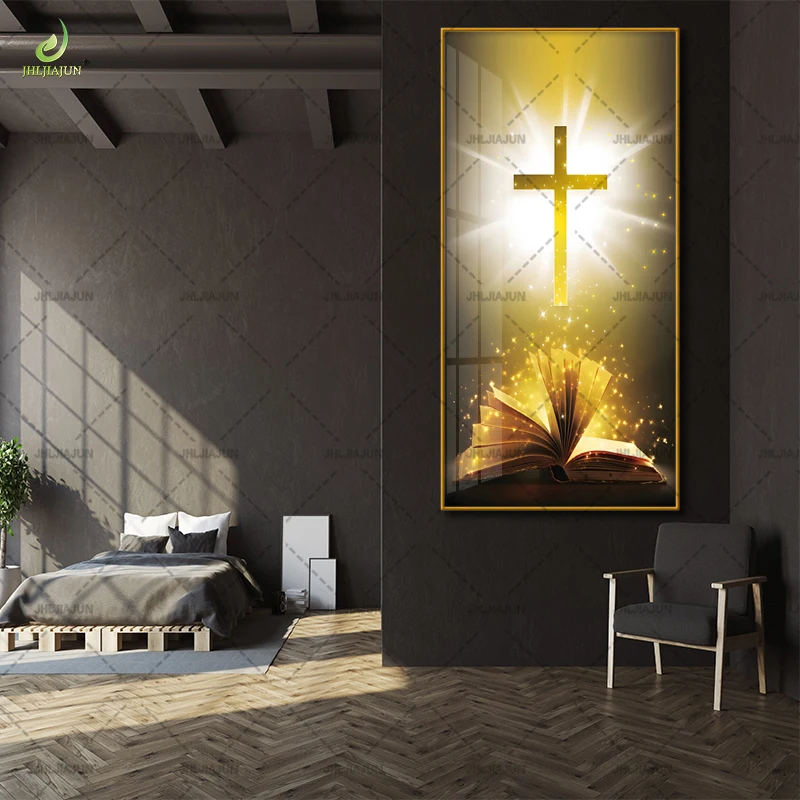 Holy Gold Cross Printed Entrance Background Crystal Porcelain Gold Frame Mural Home Decoration LED Mural Art