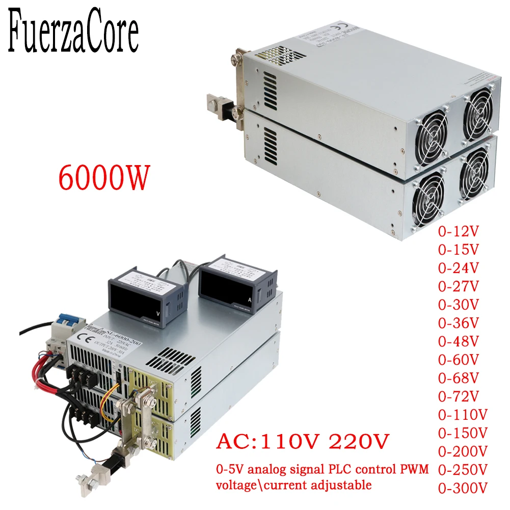 

6000W SMPS Power 0-12V 15V 24V 27V 30V 36V 48V 60V 68V 72V 110V 150V 200V 250V 300VDC 0-5V Analog Signal PLC Control LED CCTVuse