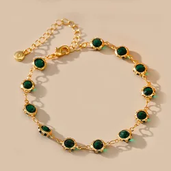 18k Gold Plated Inlaid Dark Green Zircon Bracelet for Women Elegant Round Cubic Zirconia Adjustable Length Link Chain Bracelet