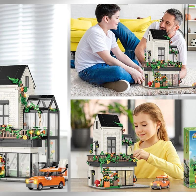 Ville 998 pièces vue sur la rue soleil fleur maison blocs de construction MOC Architecture Duplex Villa avec voiture briques jouets saint valentin cadeau