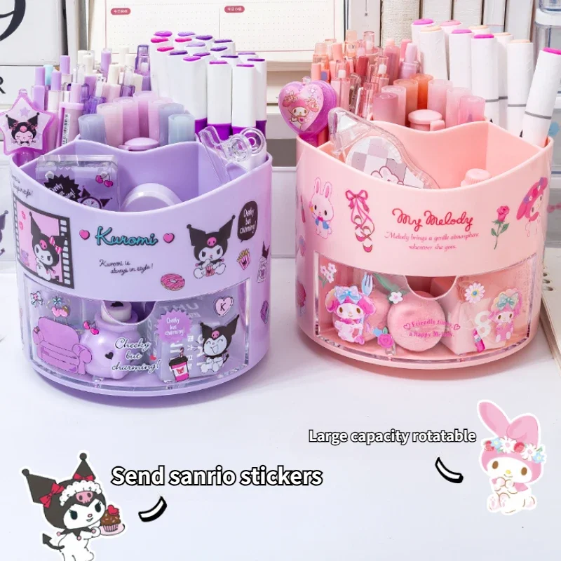 Miniso Sanrio-pencil holder swivel, storage box, desk organiser, Kawaii, Sanrio, Cinnamoroll, stickers