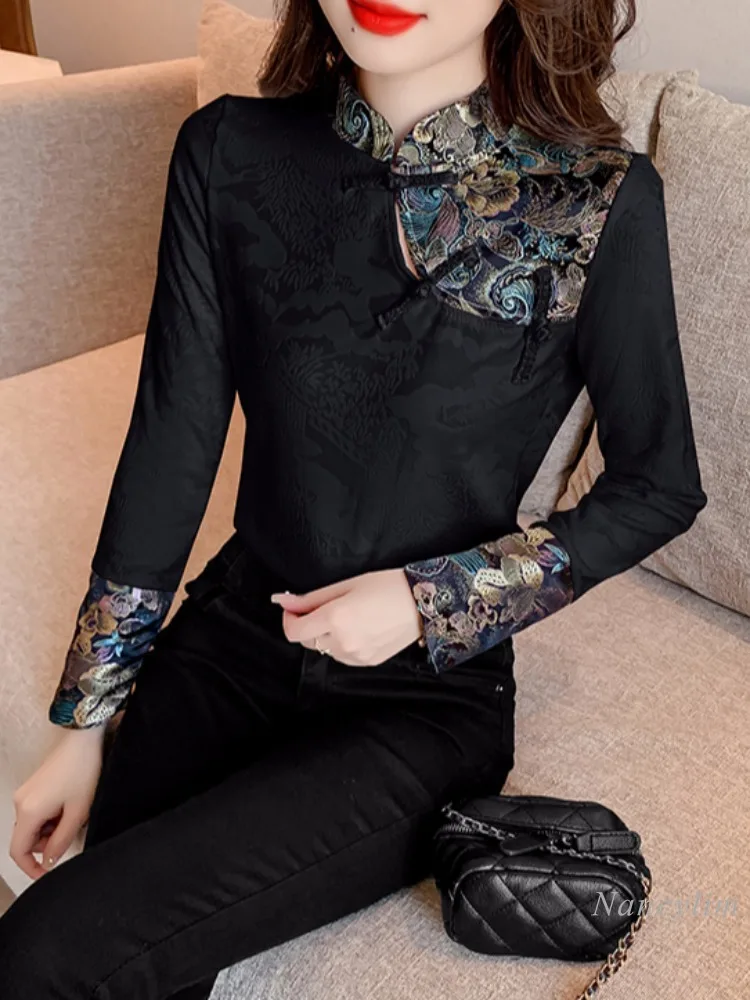 New Chinese Style Long-Sleeved Shirt for Women Spring 2024 New Retro Buckle Top Fashion Pattern Blouses Tops