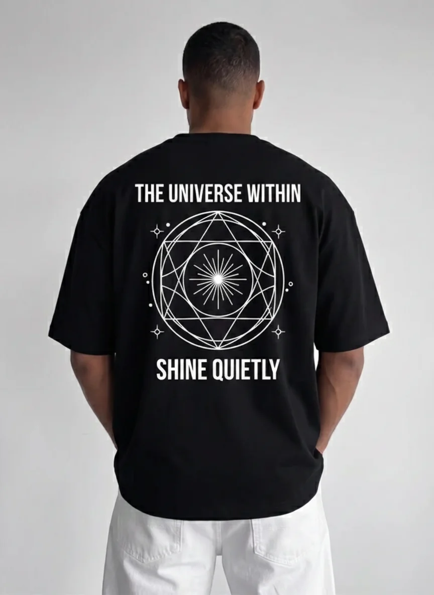 

Black Geometric Mandala Graphic Tee with Central Starburst and Inspirational Text the Universe Within Shine Quietly Printed Tee