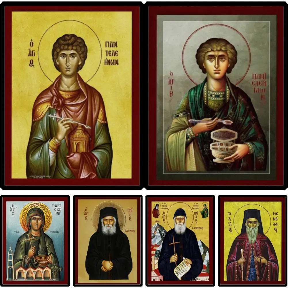 Greek Orthodox Saint Panteleimon Icon HD Canvas Art Print Large Byzantine Painting Religious Wall Decor for Office Hospital Gift