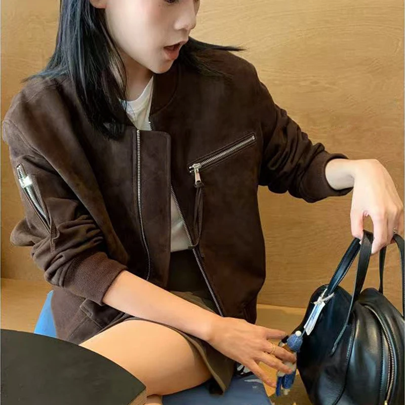 Women's Genuine Kid Suede Leather Jacket Fall Winter Mandarin Collar Zipper Short Baseball Bomber Jacket Casual Moto Biker Coat