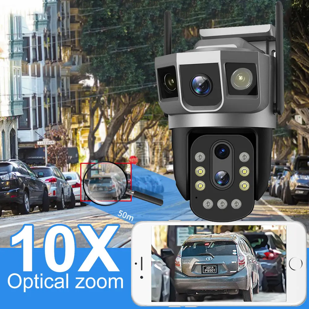 4G IP Camera With 4G Sim Card 12MP 6K Triple Screens Optical Zoom PTZ Motion Detect Color Night Vision V380 Pro Security Monitor