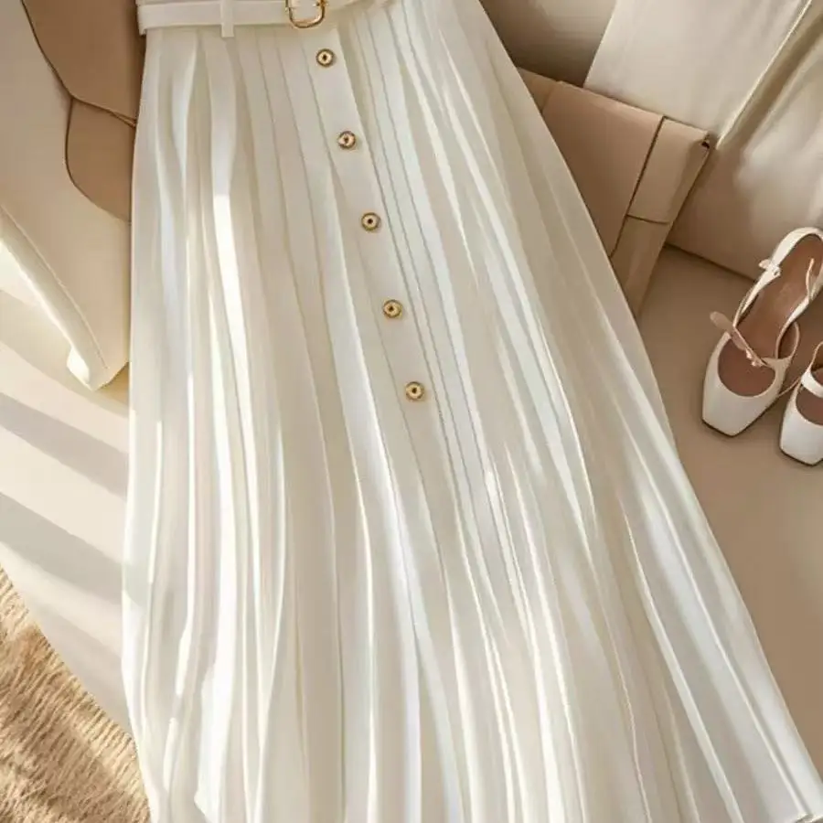 صيف جديد أنيق بلون مطوي تنورة للنساء مزاجه عالية الخصر الأبيض ألف خط تنورة عادية حلوة فستان جميل