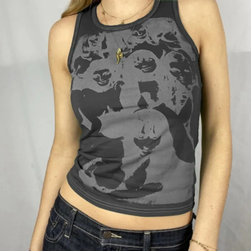 

2024 summer new ink head print sleeveless round neck tight T-shirt woman