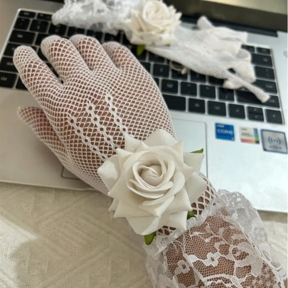 New Rose Flower Lace Mesh Mittens Cosplay Party Dress Performance Gloves Punk Hip Hop Dance Costume Wedding Bridal Gloves Sexy