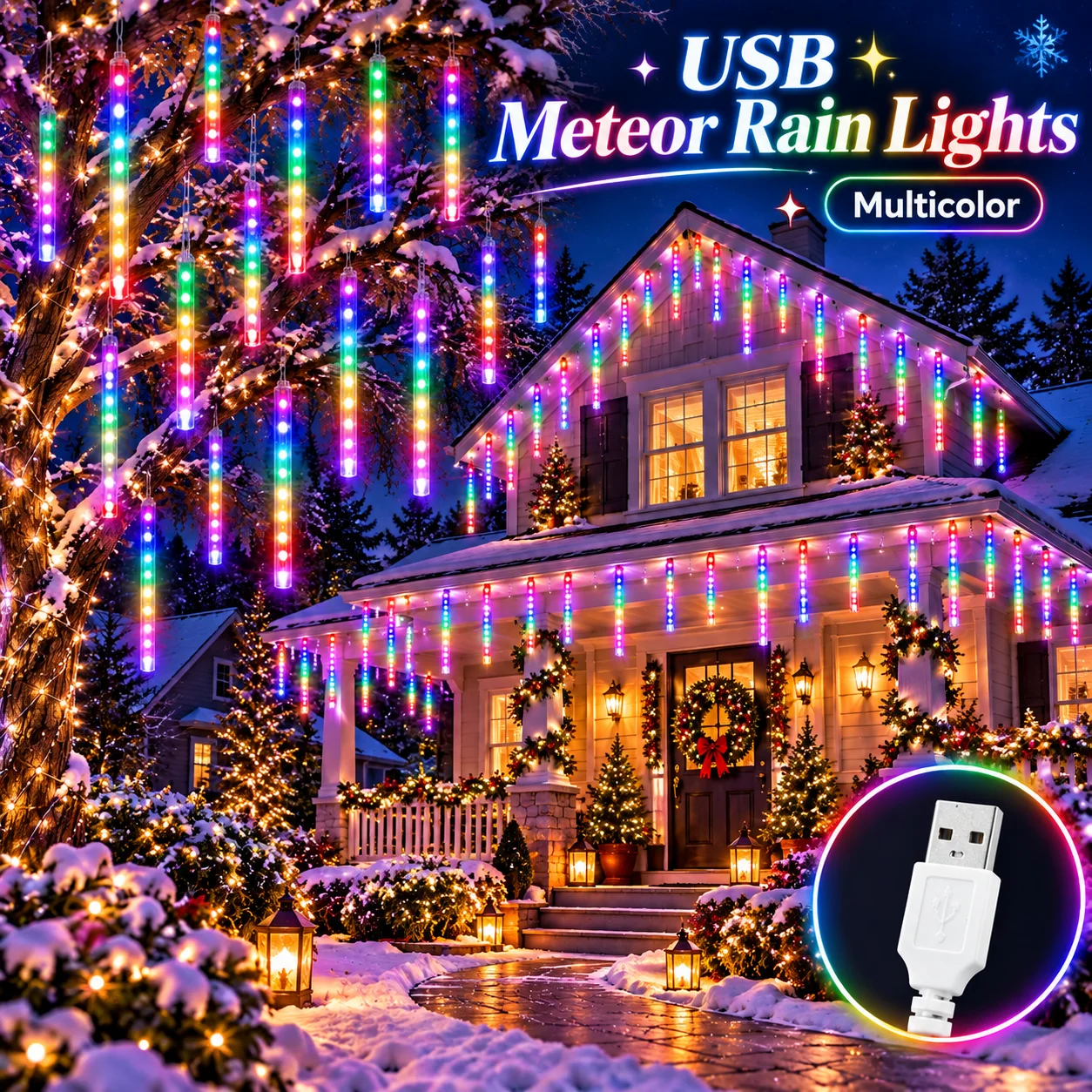 Christmas Lights USB Meteor Shower Falling Rain Icicle Fairy String Lights for New Year Birthday Wedding Party Decor
