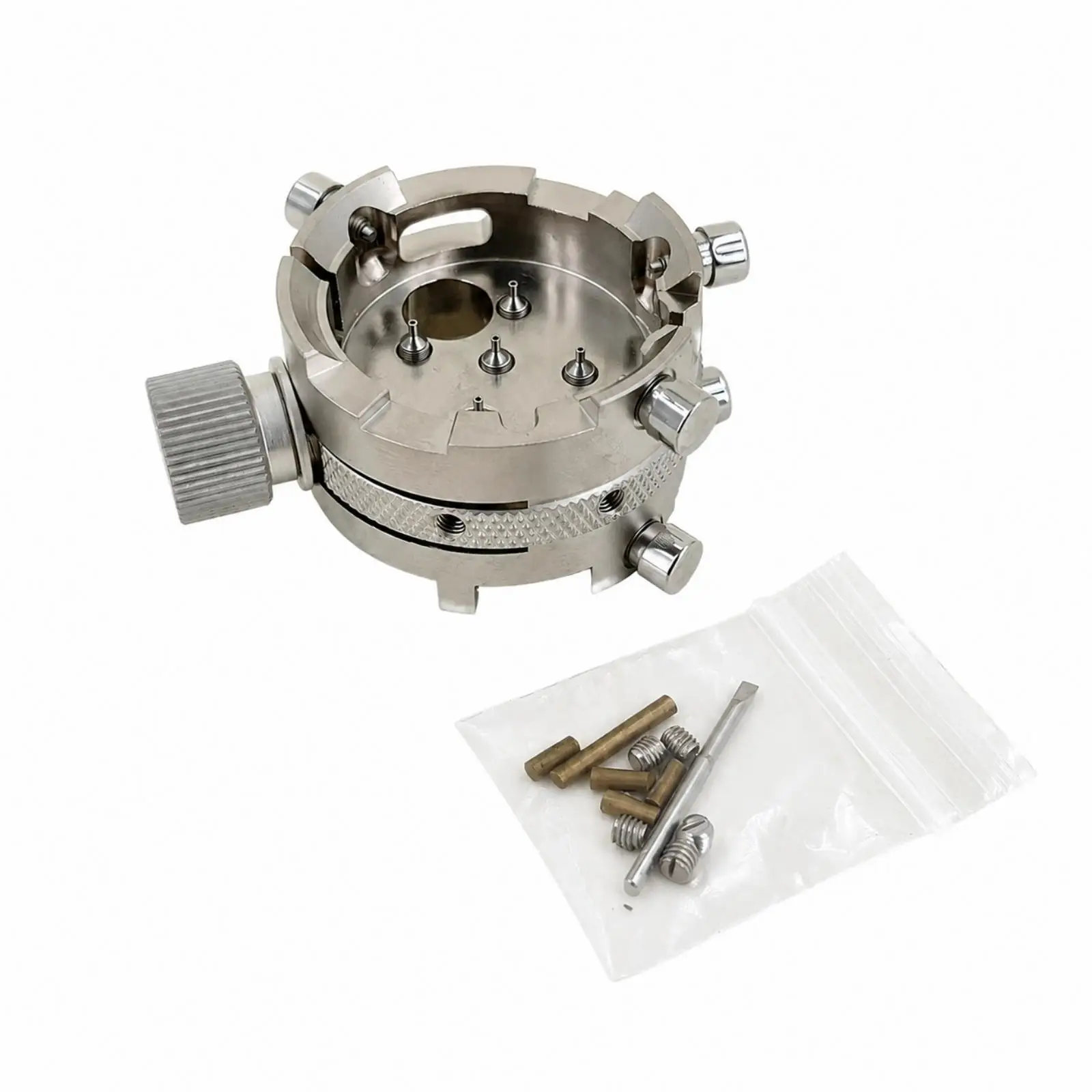 Mechanical Watch Movement Clamp Holder for Horology Work with Open Circular Base and Positioning Posts