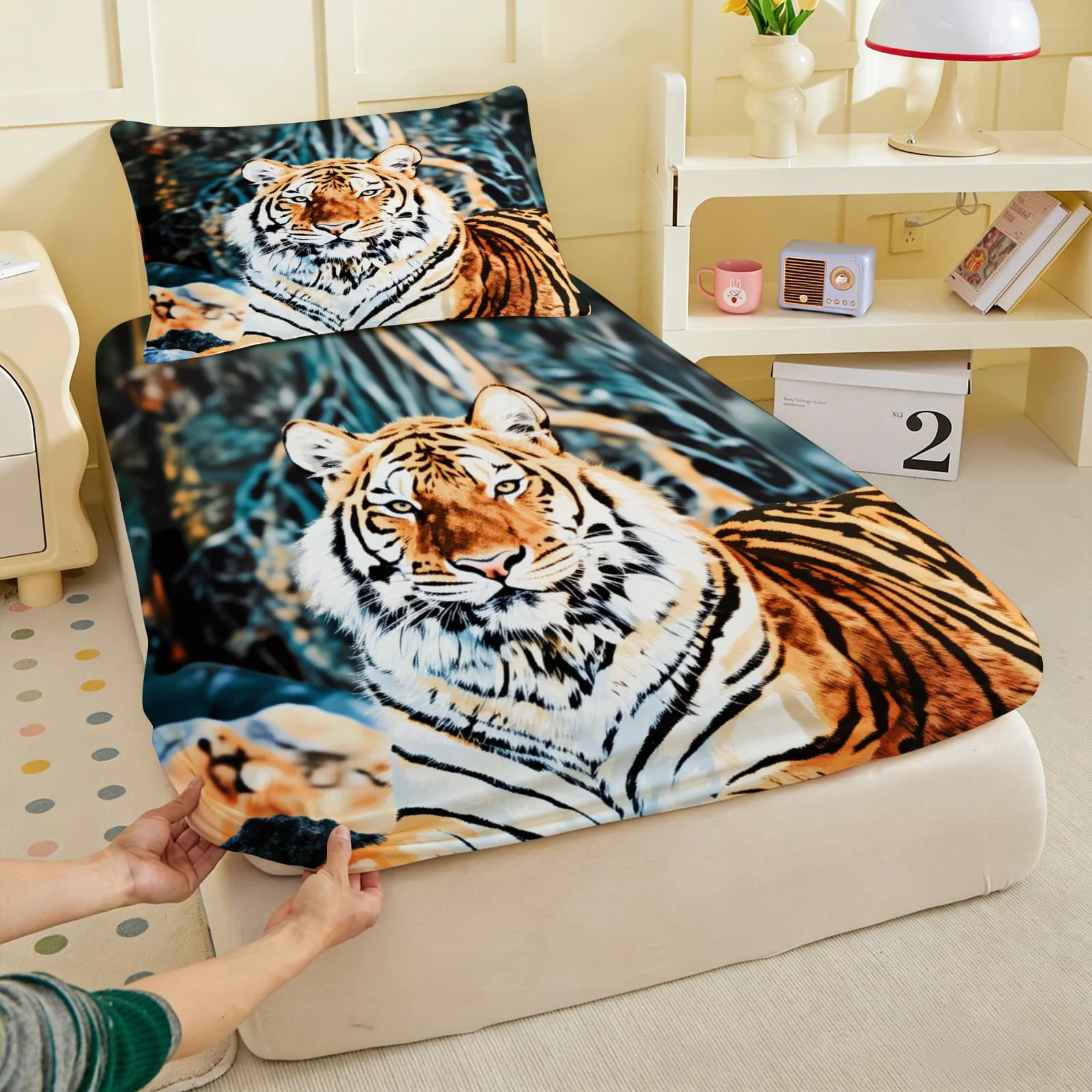 1pc Majestic Bengal Tiger in Jungle Print Fitted Sheet Deep Pocket Elastic Mattress Cover Single Double Queen King Bedroom Decor