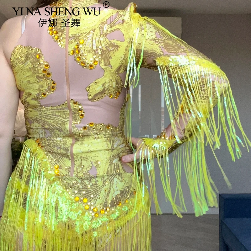 Body sexy da donna con strass blu scintillanti, costume da ballo con una spalla, abbigliamento da palcoscenico, cantante, ballerino, spettacolo con frange