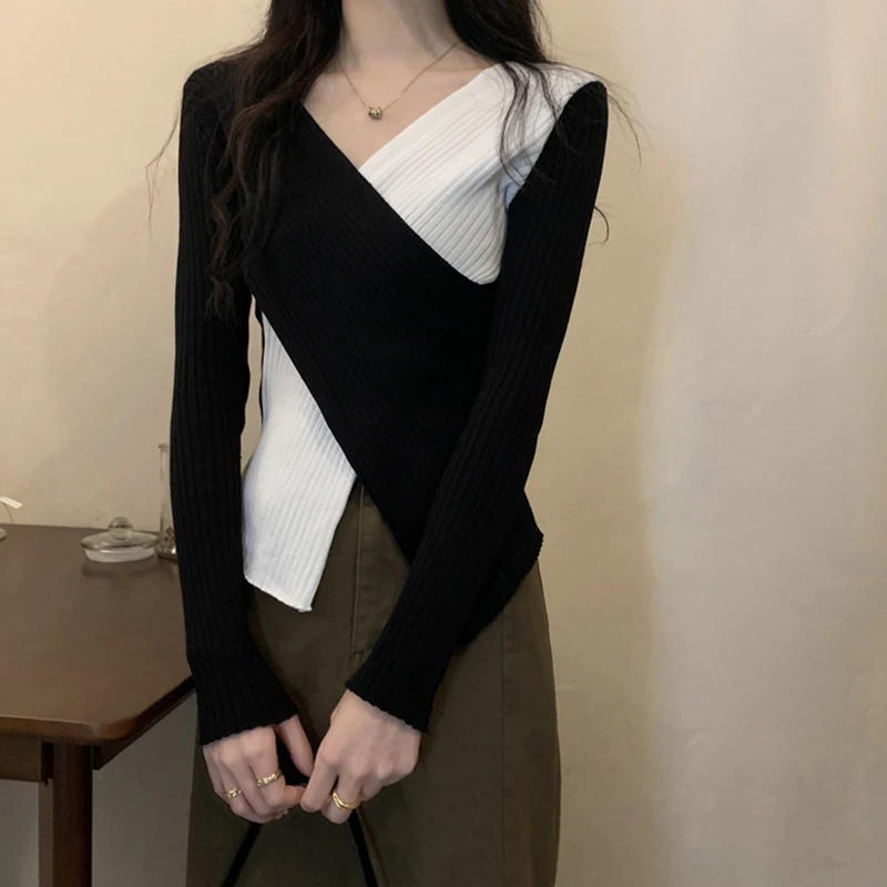 

Осень 2023, новый вязаный низ с v-образным вырезом, женский свитер, тонкий короткий топ