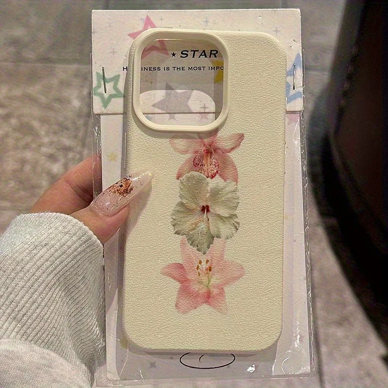 Minimalist Three-Flower Pattern Lychee-Textured Phone Case, Suitable for iPhone 17, 16, 15, Plus, Pro, Max Series Phones—Can Be Used as a Gift