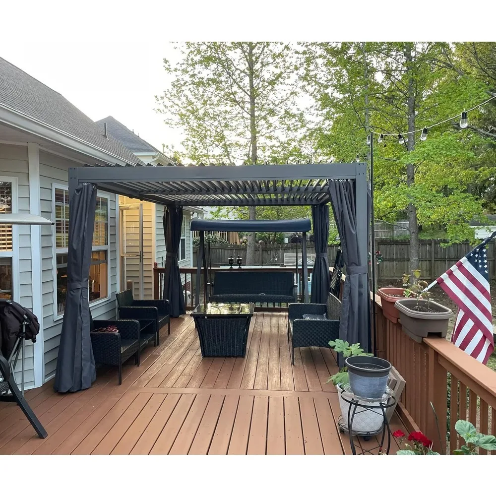 

12' × 16' Louvered Pergola, Outdoor Aluminium Pergola with Adjustable Roof, Curtains and Netting, for Patio,Hardtop Gazebo