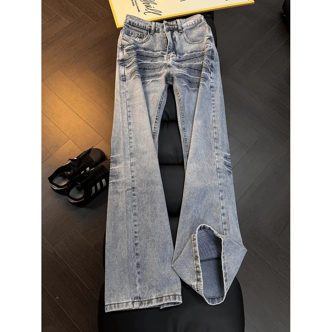 American High Street Blue Lightning Pattern Men's Jeans Autumn Winter Loose Straight Leg Micro Flare Pants Clean Fit Jeans