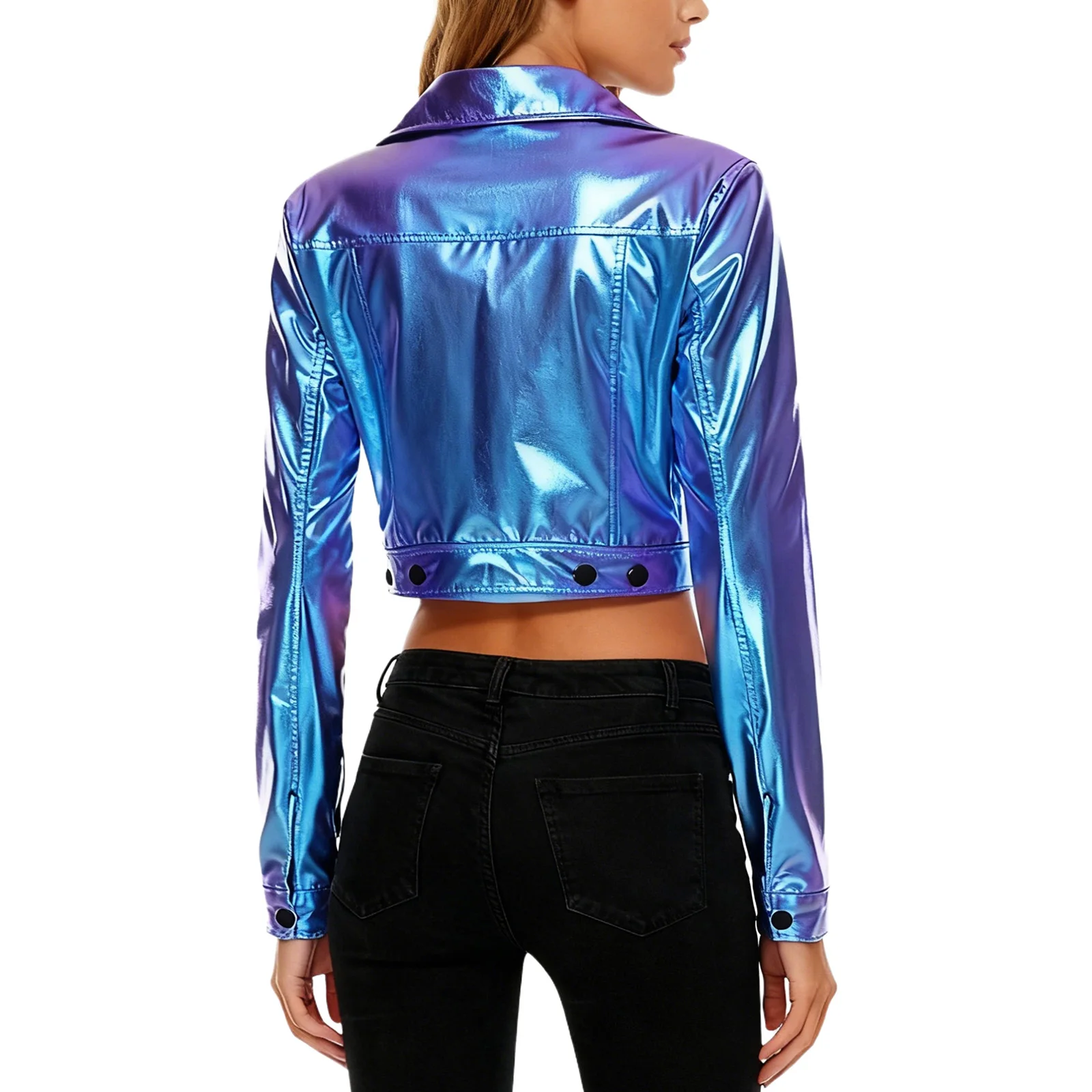 Womens Biker Motor Jacket Club Party Costume Metallic Shiny Cropped Jacket Notch Lapel Long Sleeve Side Zipper Crop Outerwear