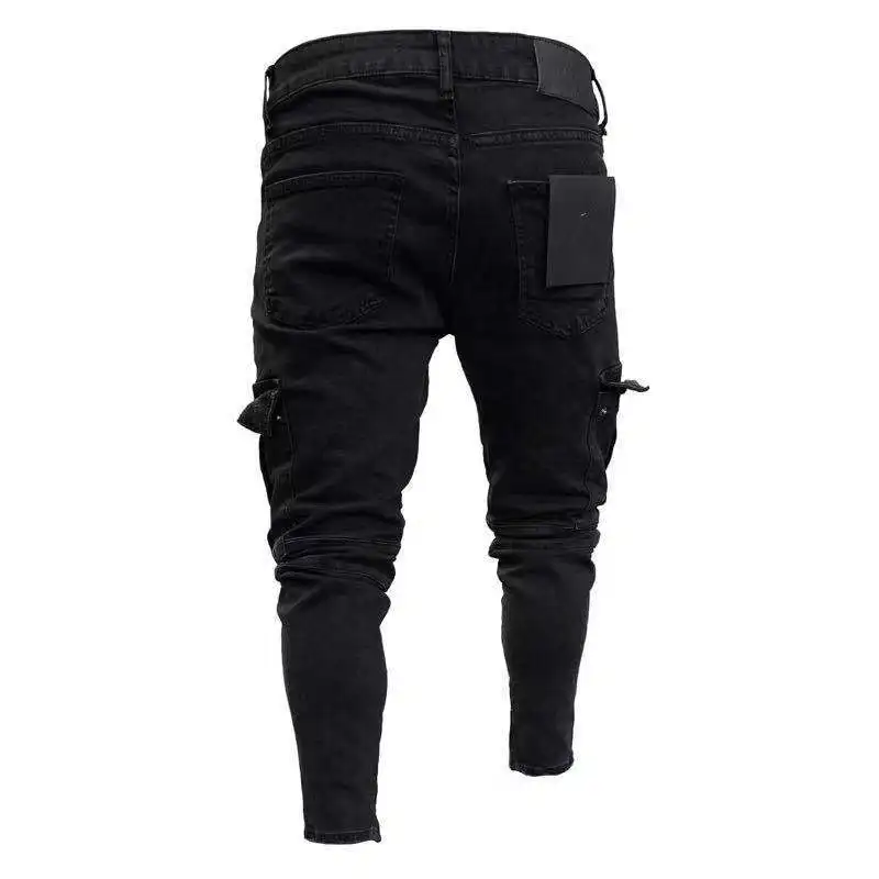 Amerikaanse Europese 2025, mode heren zwarte effen kleur casual trendy slanke multi-pocket gat gepatchte jeans potloodbroek mannelijk