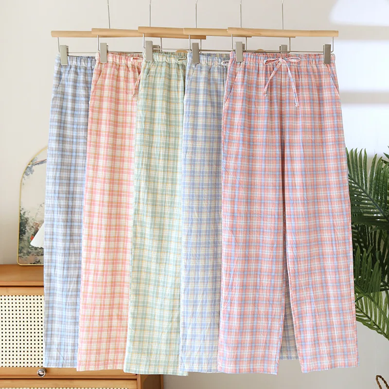 Calças de pijama de algodão puro para dormir roupa de dormir mulher quarto wear primavera verão novas calças xadrez soltas calças de pijama
