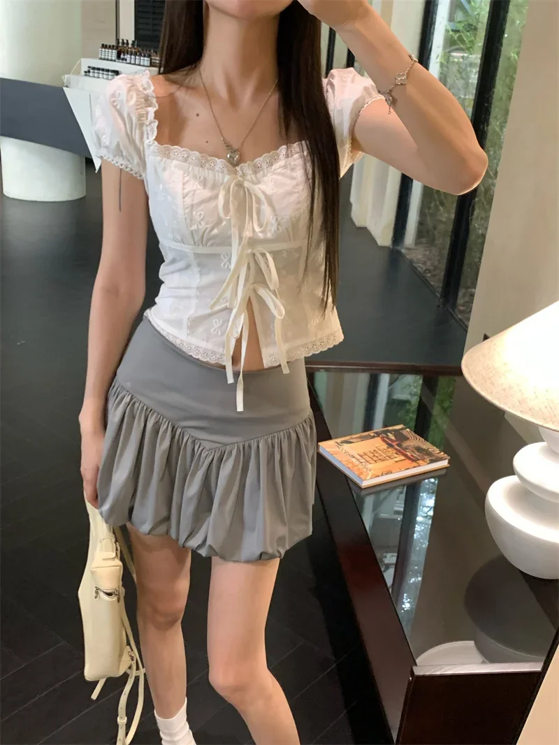 Korean Fashion Off Shoulder Bow Casual Women Shirt Chic Cute Y2k Summer Sweet Kawaii Tops New Puff Sleeve Chiffon Blouse 2024