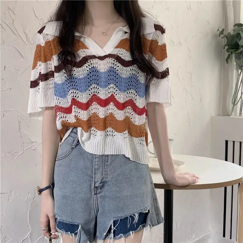 Miiiix Striped Knitted Shirt for Women 2024 New Summer Thin Loose Polo Neck Fashion Short Sleeved T-shirt V-neck Unique Top