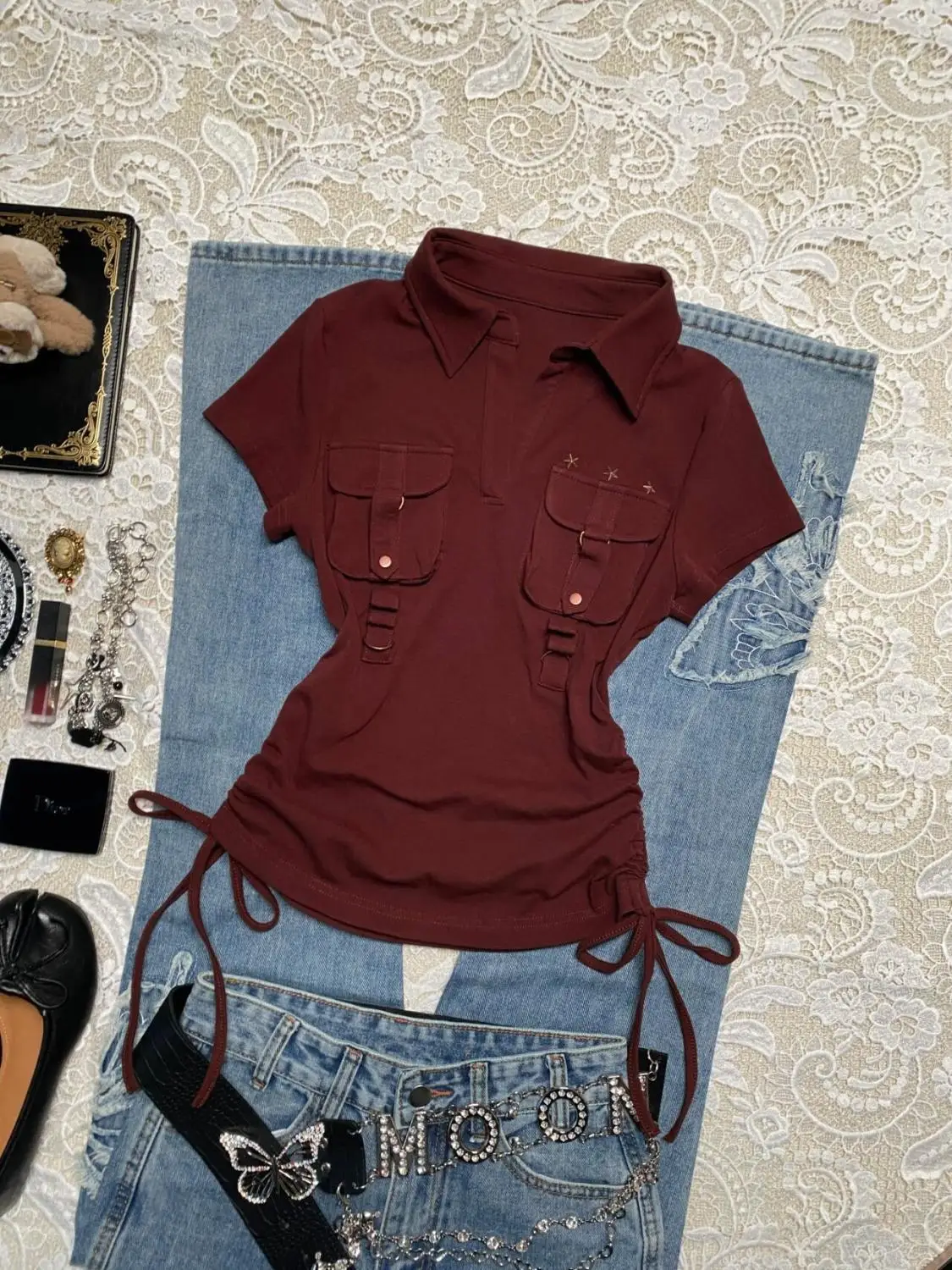 

Gagaok женская футболка в корейском стиле, повседневные футболки с отложным воротником и короткими рукавами, летняя тонкая футболка с принтом в американском стиле ретро