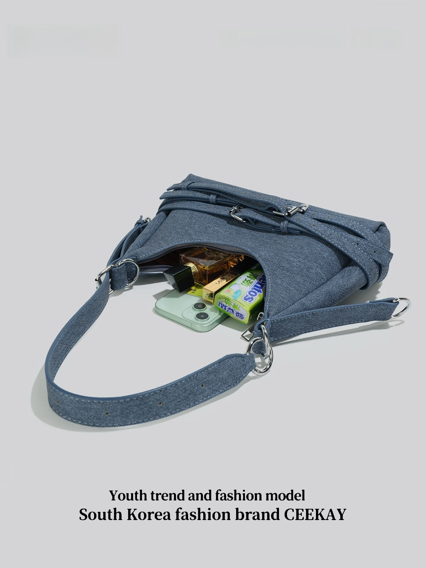 Ceekay Original Women's Underarm Bag 2026 New Autumn Winter Denim Blue Commuter Bag Belt Decorated Single Shoulder Bag