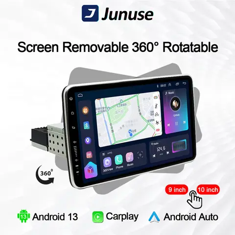 Junuse 범용 자동차 멀티미디어 플레이어, 360 ° 회전, 안드로이드 12, 1 Din 라디오, 9 인치, 10 인치, GPS, BT, 비디오, 카플레이, 8G + 128GB