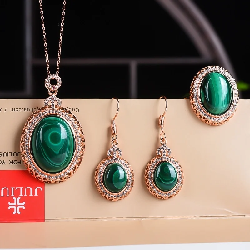 

New Style Chinese Style Malachite Hollow Niche Cat Eye Ring Ear Hook Pendant Genuine Retro Three-Piece Set Rose Gold Color